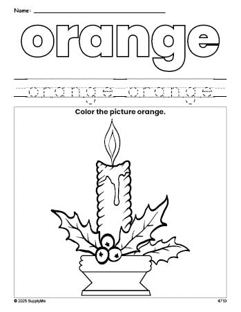 Free Christmas candle color orange coloring page and color worksheet, orange worksheet for preschoolers to learn colors, printable PDF