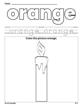 Free Christmas candle color orange coloring page and color worksheet, orange worksheet for preschoolers to learn colors, printable PDF