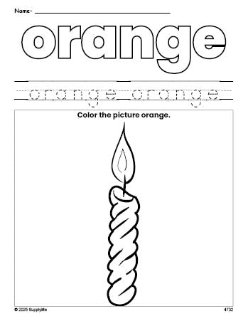Free Christmas candle color orange coloring page and color worksheet, orange worksheet for preschoolers to learn colors, printable PDF