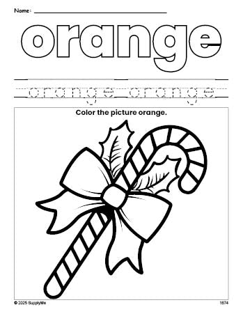 Free Christmas candy cane color orange coloring page and color worksheet, orange worksheet for preschoolers to learn colors, printable PDF