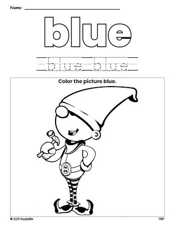 Free Christmas elf color blue coloring page and color worksheet, blue worksheet for preschoolers to learn colors, printable PDF