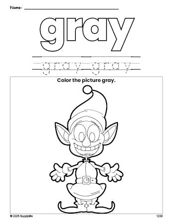 Free Christmas elf color gray coloring page and color worksheet, gray worksheet for preschoolers to learn colors, printable PDF