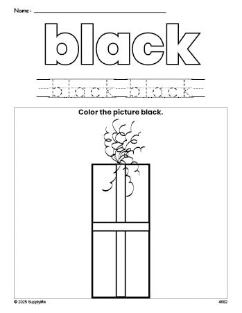 Free Christmas gift color black coloring page and color worksheet, black worksheet for preschoolers to learn colors, printable PDF