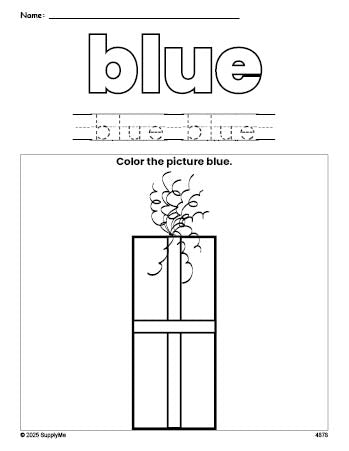 Free Christmas gift color blue coloring page and color worksheet, blue worksheet for preschoolers to learn colors, printable PDF