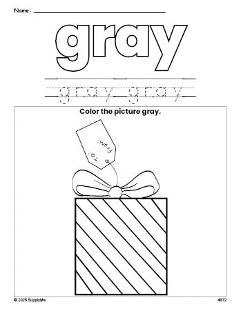Free Christmas gift color gray coloring page and color worksheet, gray worksheet for preschoolers to learn colors, printable PDF