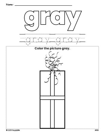 Free Christmas gift color gray coloring page and color worksheet, gray worksheet for preschoolers to learn colors, printable PDF