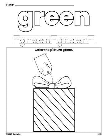 Free Christmas gift color green coloring page and color worksheet, green worksheet for preschoolers to learn colors, printable PDF