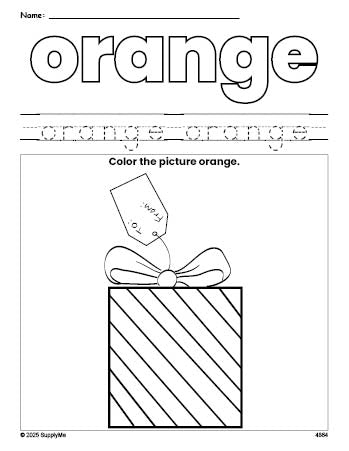 Free Christmas gift color orange coloring page and color worksheet, orange worksheet for preschoolers to learn colors, printable PDF