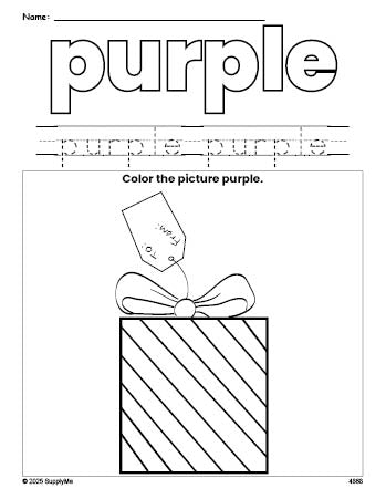Free Christmas gift color purple coloring page and color worksheet, purple worksheet for preschoolers to learn colors, printable PDF