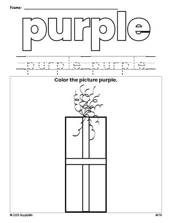 Free Christmas gift color purple coloring page and color worksheet, purple worksheet for preschoolers to learn colors, printable PDF