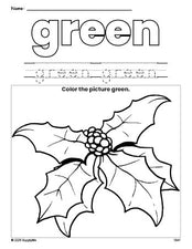 Free Christmas holly color green coloring page and color worksheet, green worksheet for preschoolers to learn colors, printable PDF