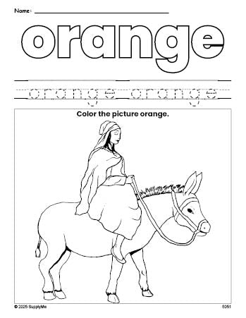 Free Christmas Mary color orange coloring page and color worksheet, orange worksheet for preschoolers to learn colors, printable PDF