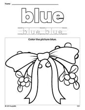 Free Christmas mistletoe color blue coloring page and color worksheet, blue worksheet for preschoolers to learn colors, printable PDF