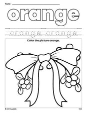 Free Christmas mistletoe color orange coloring page and color worksheet, orange worksheet for preschoolers to learn colors, printable PDF