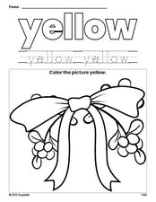 Free Christmas mistletoe color yellow coloring page and color worksheet, yellow worksheet for preschoolers to learn colors, printable PDF