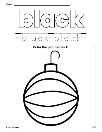 Free Christmas ornament color black coloring page and color worksheet, black worksheet for preschoolers to learn colors, printable PDF