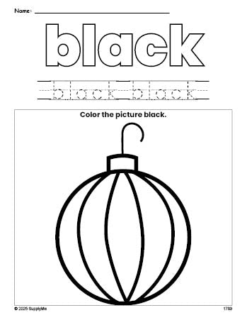 Free Christmas ornament color black coloring page and color worksheet, black worksheet for preschoolers to learn colors, printable PDF