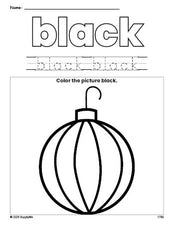 Free Christmas ornament color black coloring page and color worksheet, black worksheet for preschoolers to learn colors, printable PDF