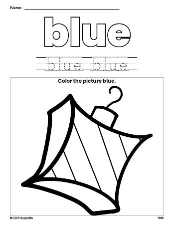 Free Christmas ornament color blue coloring page and color worksheet, blue worksheet for preschoolers to learn colors, printable PDF