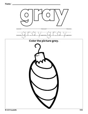 Free Christmas ornament color gray coloring page and color worksheet, gray worksheet for preschoolers to learn colors, printable PDF