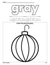 Free Christmas ornament color gray coloring page and color worksheet, gray worksheet for preschoolers to learn colors, printable PDF
