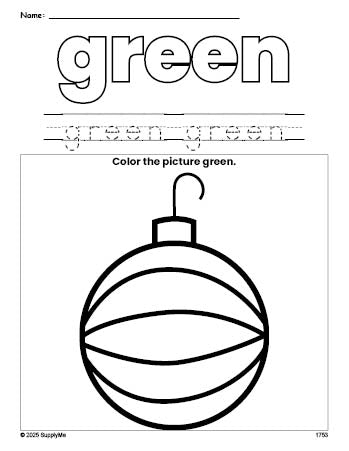 Free Christmas ornament color green coloring page and color worksheet, green worksheet for preschoolers to learn colors, printable PDF