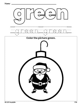 Free Christmas ornament color green coloring page and color worksheet, green worksheet for preschoolers to learn colors, printable PDF