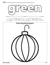 Free Christmas ornament color green coloring page and color worksheet, green worksheet for preschoolers to learn colors, printable PDF