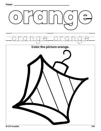 Free Christmas ornament color orange coloring page and color worksheet, orange worksheet for preschoolers to learn colors, printable PDF