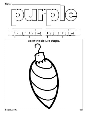 Free Christmas ornament color purple coloring page and color worksheet, purple worksheet for preschoolers to learn colors, printable PDF