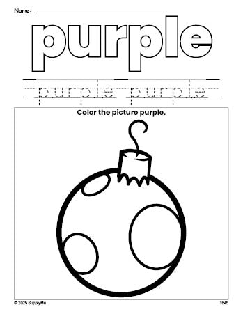 Free Christmas ornament color purple coloring page and color worksheet, purple worksheet for preschoolers to learn colors, printable PDF