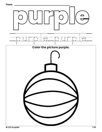 Free Christmas ornament color purple coloring page and color worksheet, purple worksheet for preschoolers to learn colors, printable PDF