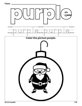 Free Christmas ornament color purple coloring page and color worksheet, purple worksheet for preschoolers to learn colors, printable PDF