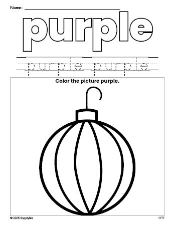 Free Christmas ornament color purple coloring page and color worksheet, purple worksheet for preschoolers to learn colors, printable PDF