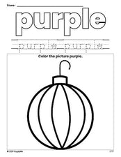 Free Christmas ornament color purple coloring page and color worksheet, purple worksheet for preschoolers to learn colors, printable PDF