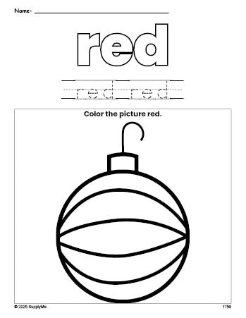 Free Christmas ornament color red coloring page and color worksheet, red worksheet for preschoolers to learn colors, printable PDF