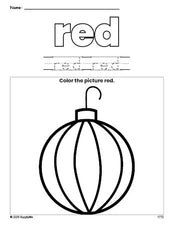 Free Christmas ornament color red coloring page and color worksheet, red worksheet for preschoolers to learn colors, printable PDF