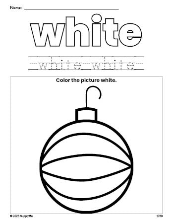 Free Christmas ornament color white coloring page and color worksheet, white worksheet for preschoolers to learn colors, printable PDF