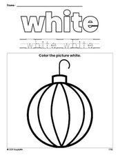 Free Christmas ornament color white coloring page and color worksheet, white worksheet for preschoolers to learn colors, printable PDF