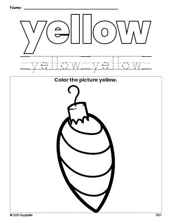 Free Christmas ornament color yellow coloring page and color worksheet, yellow worksheet for preschoolers to learn colors, printable PDF