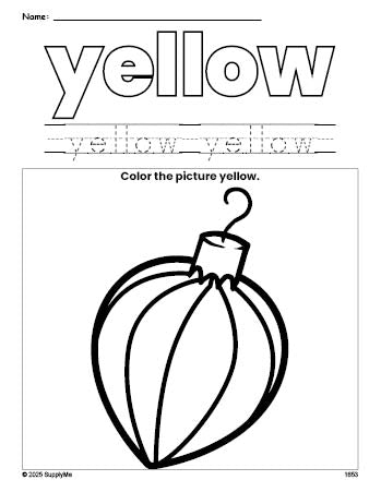 Free Christmas ornament color yellow coloring page and color worksheet, yellow worksheet for preschoolers to learn colors, printable PDF
