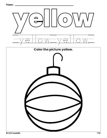 Free Christmas ornament color yellow coloring page and color worksheet, yellow worksheet for preschoolers to learn colors, printable PDF