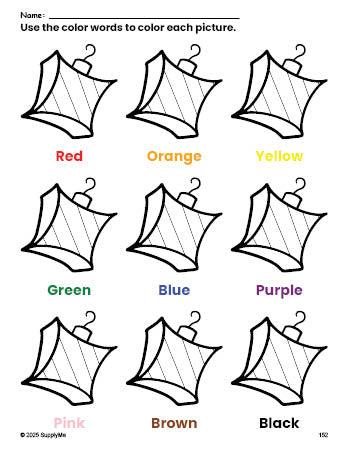Free Christmas ornament coloring page and color worksheet for preschoolers to learn colors, printable PDF
