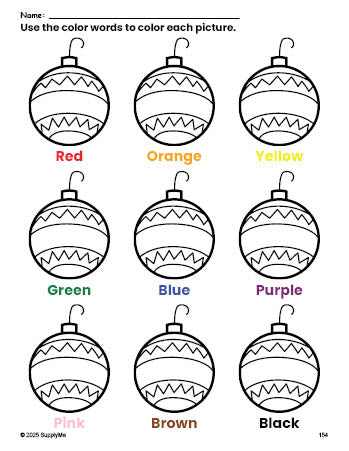 Free Christmas ornament coloring page and color worksheet for preschoolers to learn colors, printable PDF