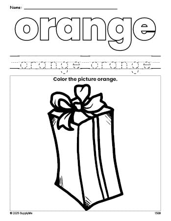 Free Christmas present color orange coloring page and color worksheet, orange worksheet for preschoolers to learn colors, printable PDF