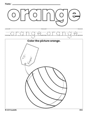 Free Christmas present color orange coloring page and color worksheet, orange worksheet for preschoolers to learn colors, printable PDF
