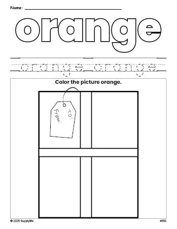 Free Christmas present color orange coloring page and color worksheet, orange worksheet for preschoolers to learn colors, printable PDF
