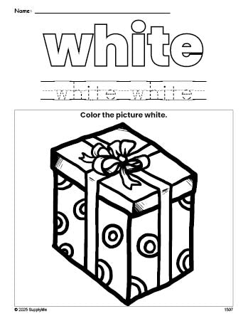 Free Christmas present color white coloring page and color worksheet, white worksheet for preschoolers to learn colors, printable PDF