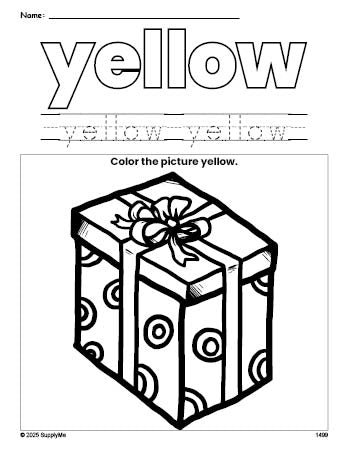 Free Christmas present color yellow coloring page and color worksheet, yellow worksheet for preschoolers to learn colors, printable PDF