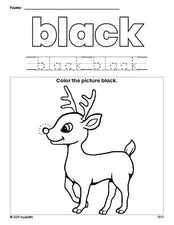 Free Christmas reindeer color black coloring page and color worksheet, black worksheet for preschoolers to learn colors, printable PDF
